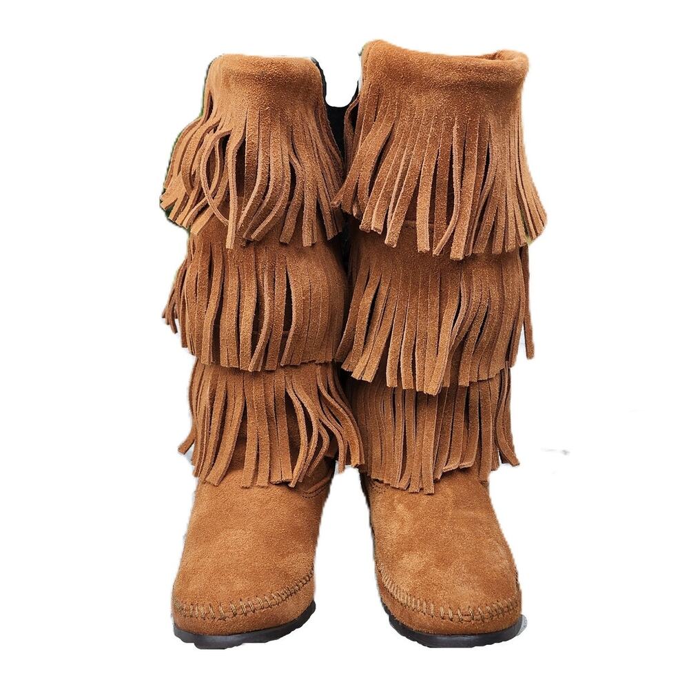 Minnetonka Moccasin 3 Layer Fringe Suede Boots 9 - Picture 4 of 11
